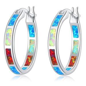 14K White Gold with Genuine Red White and Blue Fire Opal Round Hoop Earrings